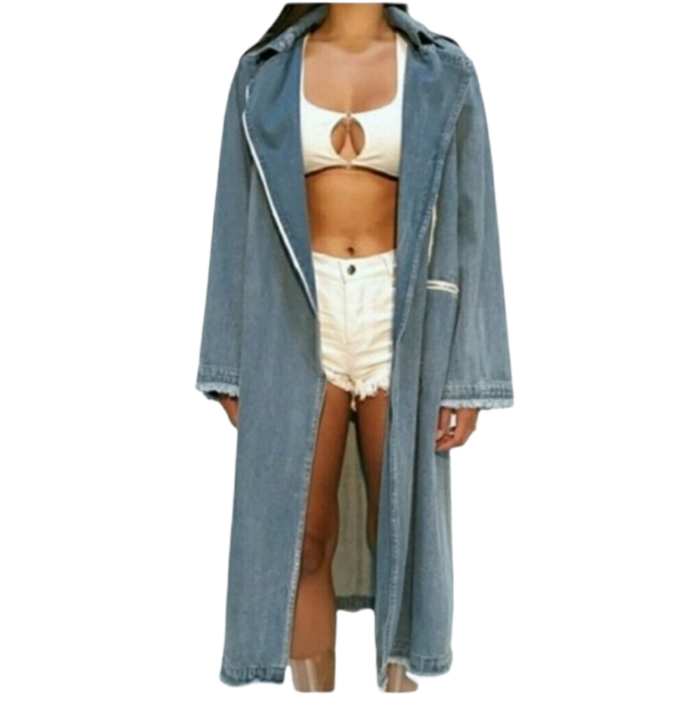 Rehab blue denim long coat jacket with removable hood y2k